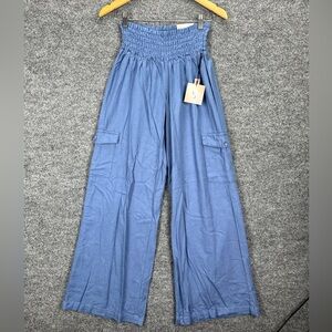 Happily Grey Wide Leg High Waist Stretch Pants Women Small Linen Blue NWT